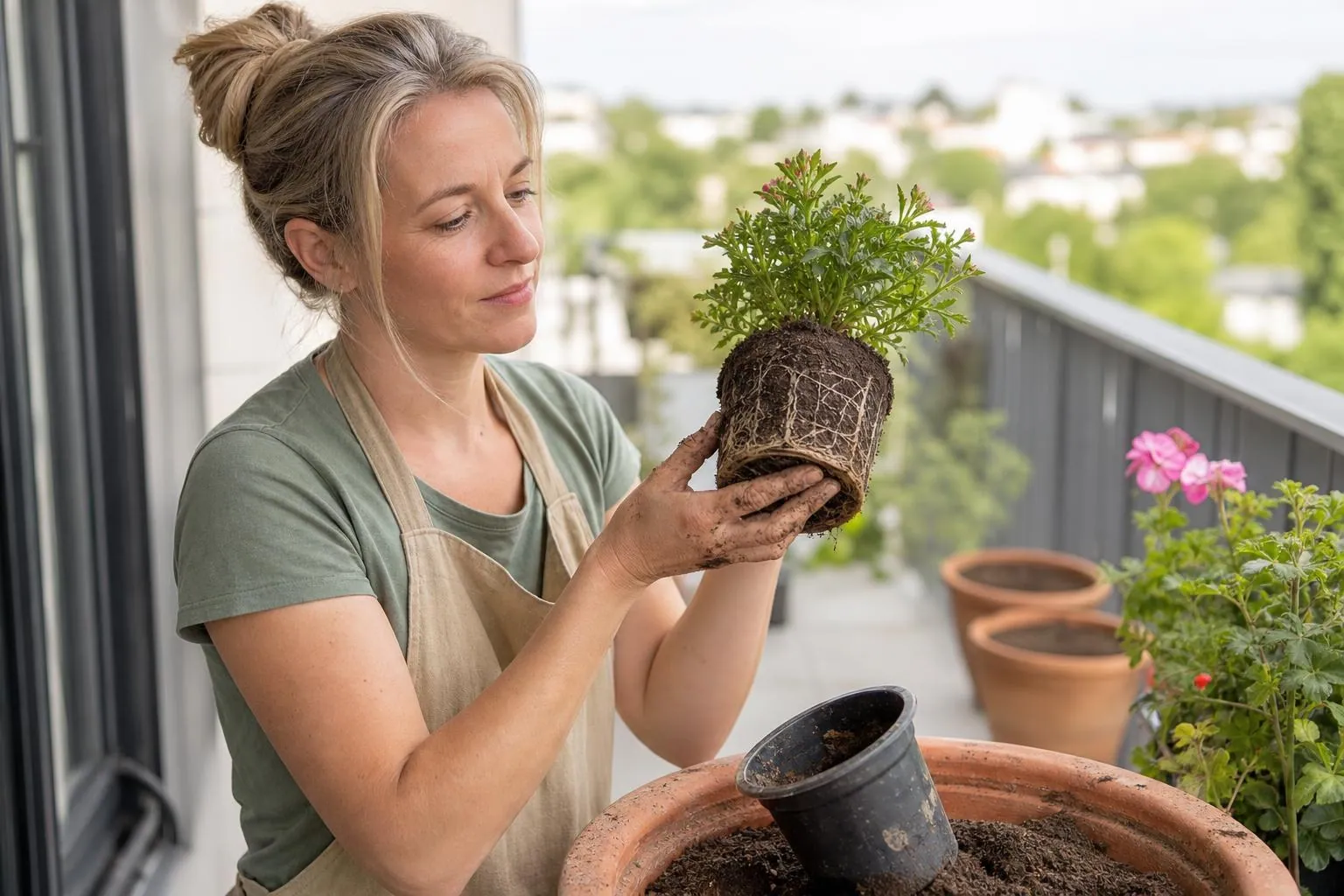 Femme d’une quarantaine d’années tenant un jeune plant sorti de son godet, montrant un chignon de racines serré au-dessus d’une jardinière