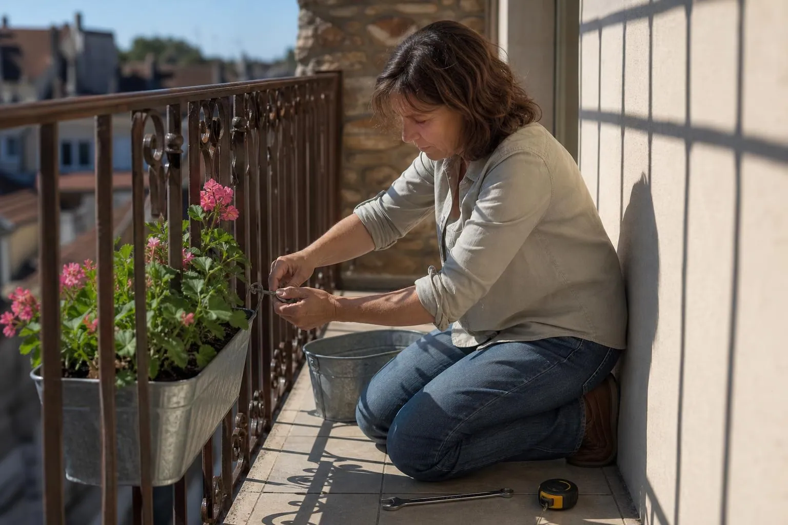 Femme d’une cinquantaine d’années agenouillée sur son balcon, vérifiant à deux mains le crochet intérieur d’une jardinière accrochée au garde-corps