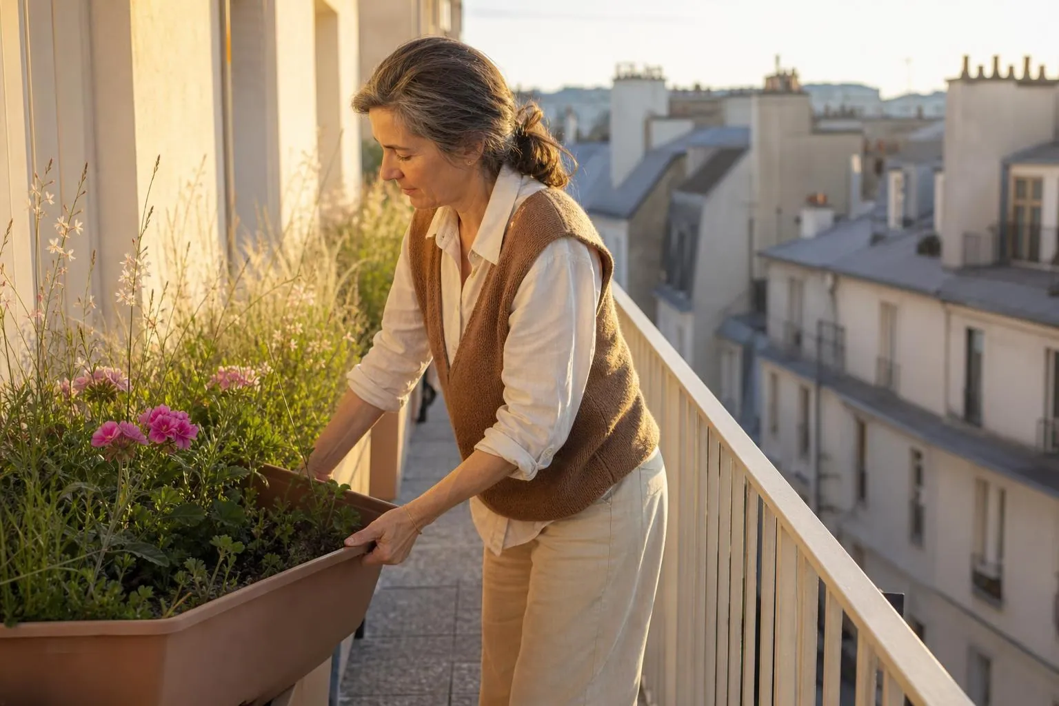 Femme d’une cinquantaine d’années ajustant trois grandes jardinières alignées sur un balcon en étage, en fin d’après midi