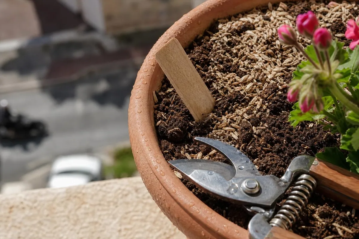 Gros plan du rebord d’une jardinière en terre cuite avec terreau paillé, étiquette de plant en bois plantée et lame de sécateur posée sur le bord