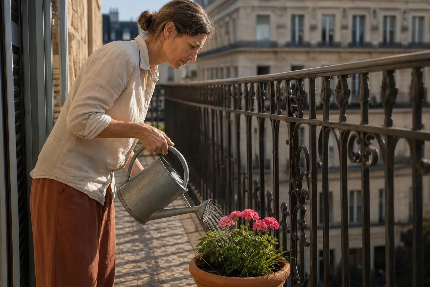Femme d’environ quarante-cinq ans arrosant une jardinière de géraniums roses sur le balcon en fer forgé d’un immeuble français au petit matin