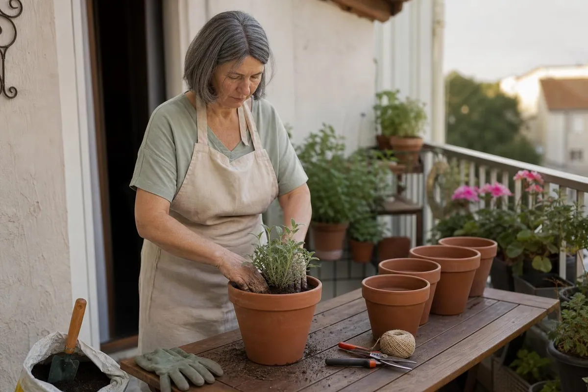 Femme d’une cinquantaine d’années rempotant de jeunes plants sur une table pliante de terrasse, sacs de terreau ouverts et pots en terre cuite alignés